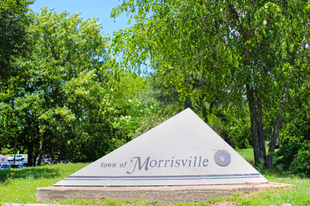 Stone triangle marker for Town of Morrisville in North Carolina